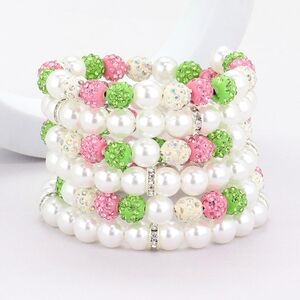 White Pink Green Wrap Bracelet Bangle Pearl Bead Shamballa Ball Bling Two Tone